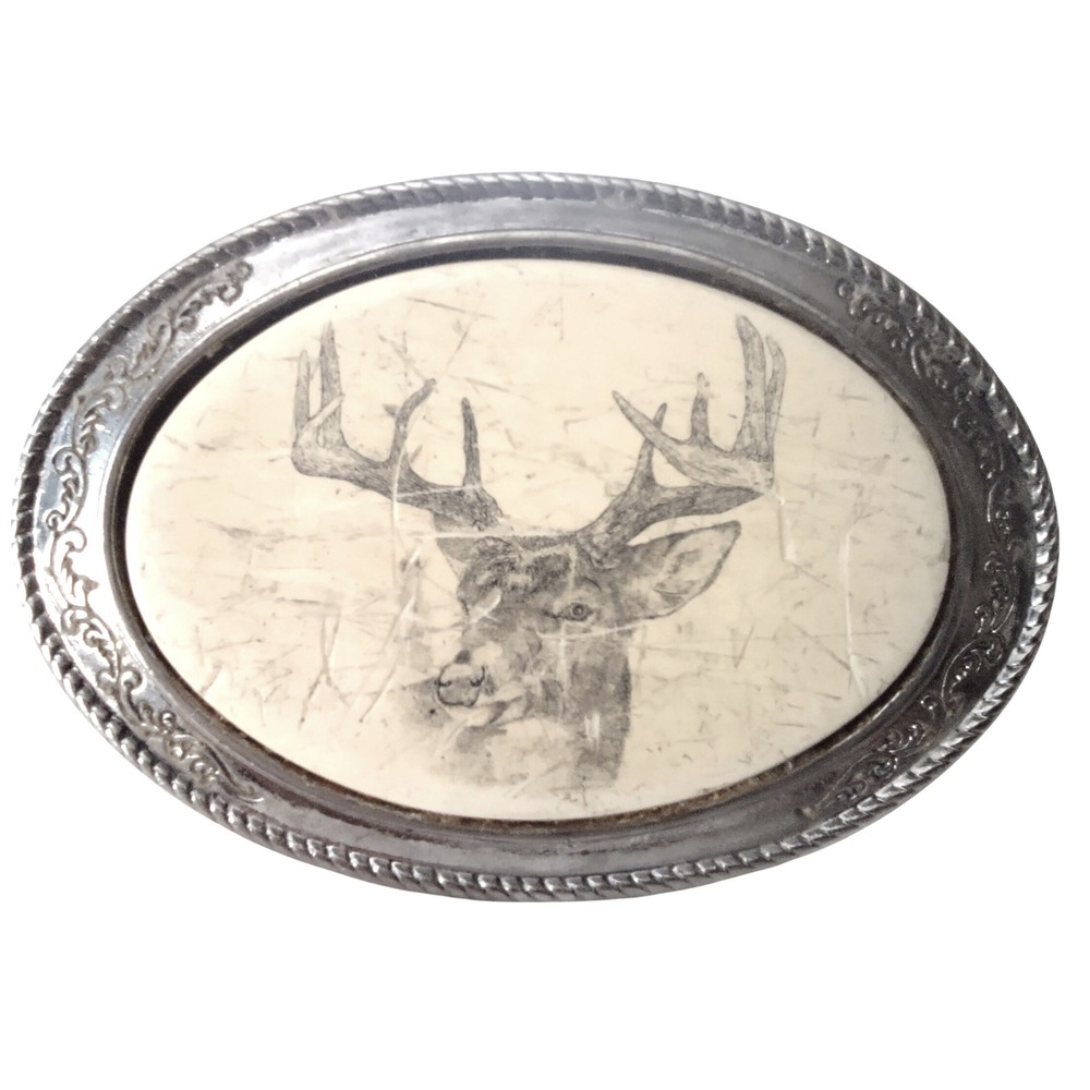 Barlow Scrimshaw Deer Buck Belt Buckle Made In‎ USA Silver Tone Oval Western